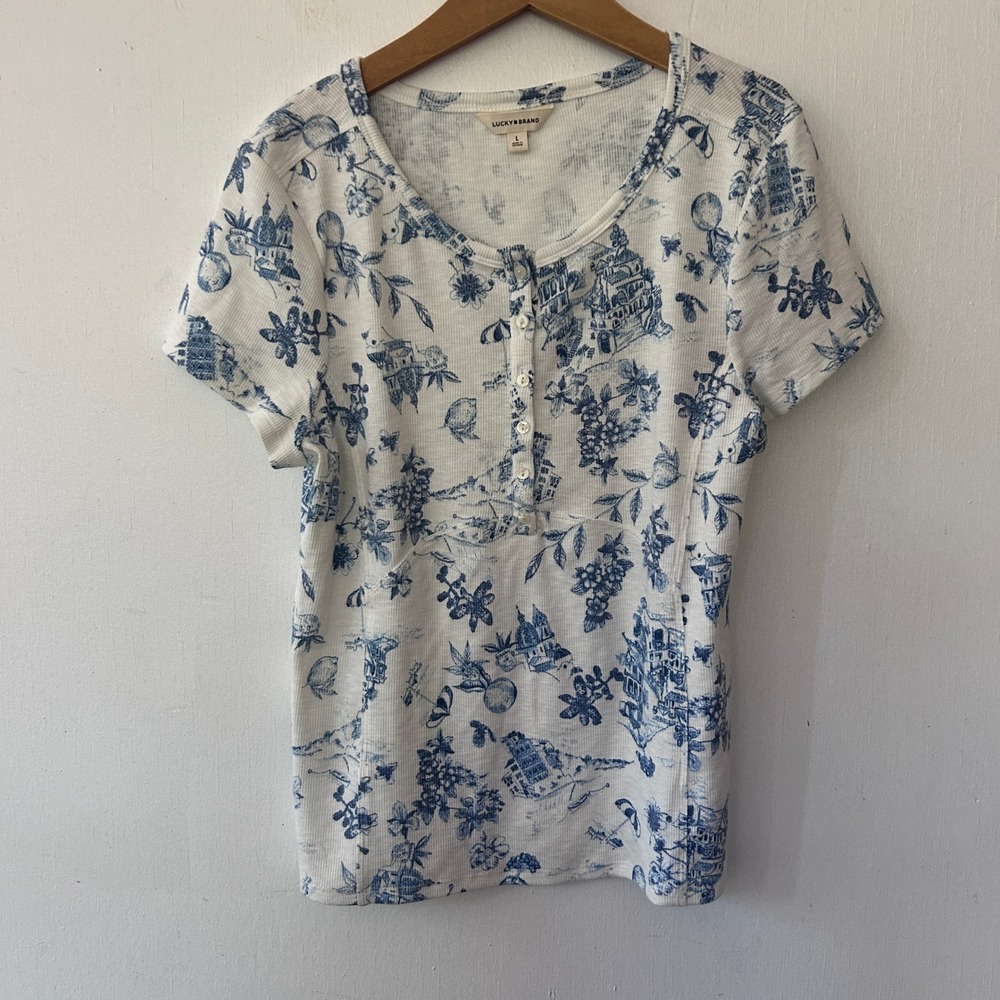 Lucky Brand Henley Top Women Large Blue White Toile Ribbed Knit Coastal Cottage